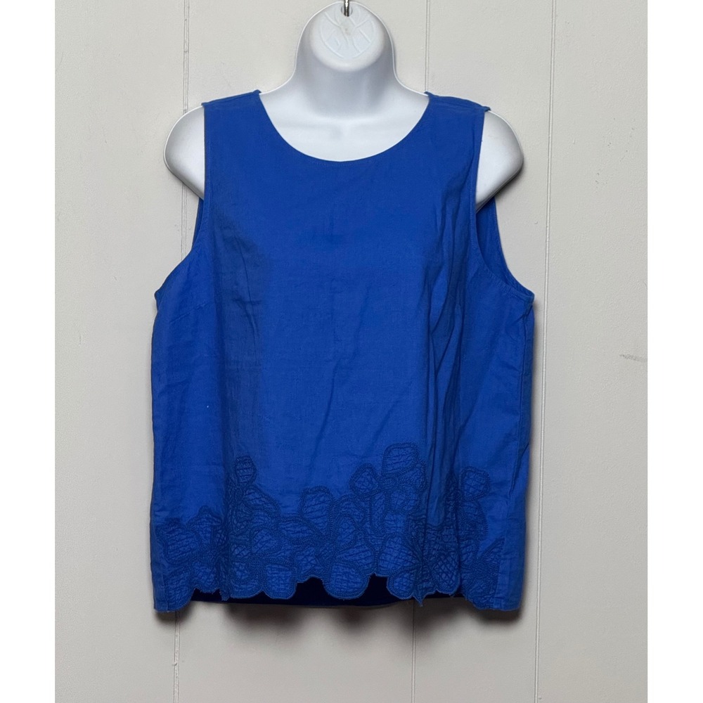 J.Crew Royal Blue Linen Cotton Embroidered Scallop Hem Sleeveless Top Sz Medium